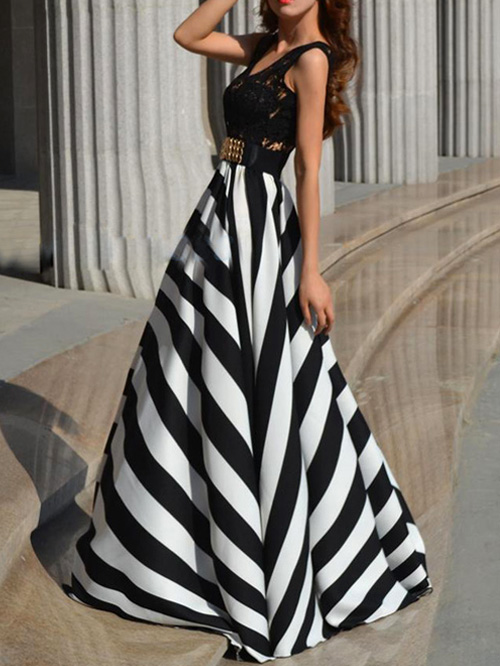 Lady Floral Stripe Long Dress