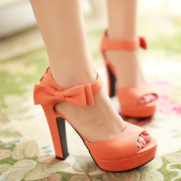 Peep Toe Thick High Heel Sandals With Ribbon