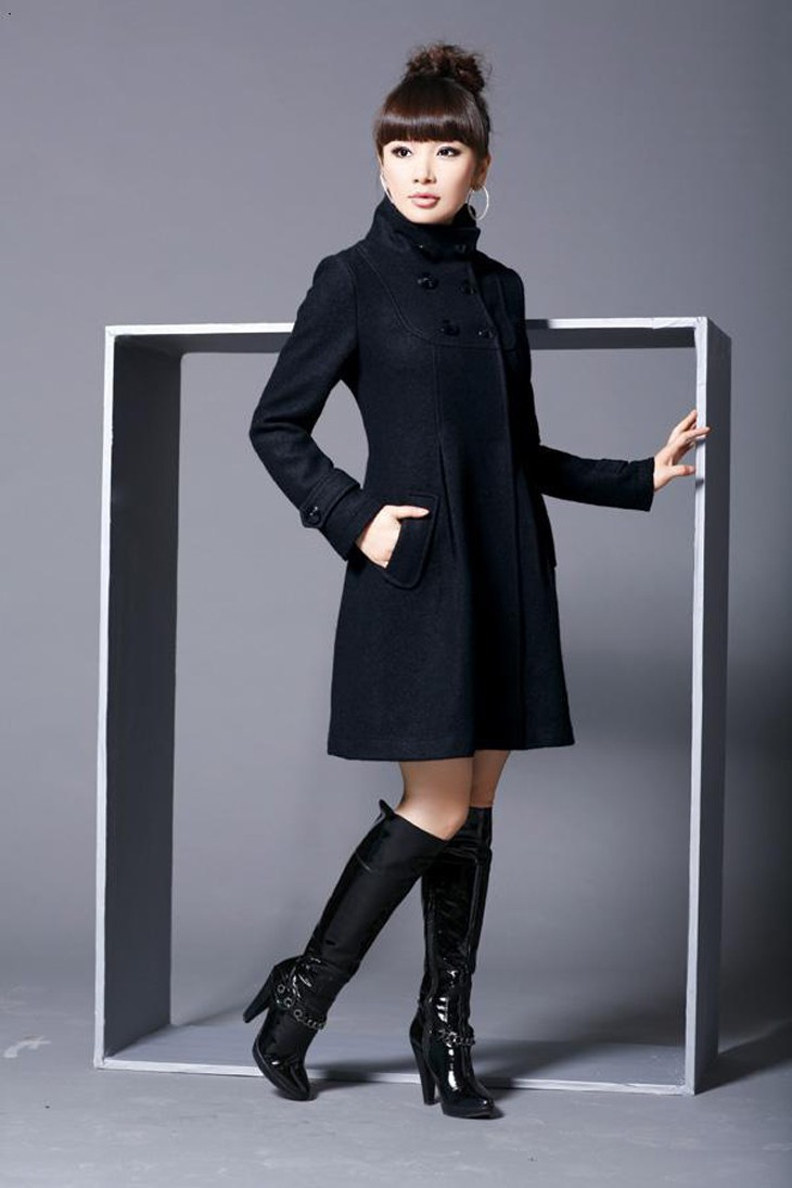 Hooded High Neck Button Slim Long Sleeves Mid-length Coat on Luulla