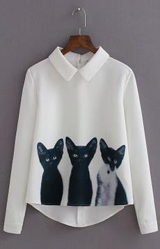 Long Sleeve Pullover Blouse With Three Cats Print