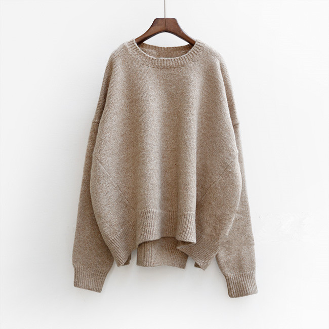Knitted Crew Neck Long Batwing Sleeves Oversized Sweater
