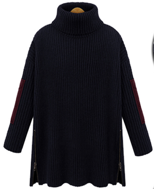 Knitted Turtleneck Long Sleeves Oversized Sweater Featuring Slits With Zipper Detailing