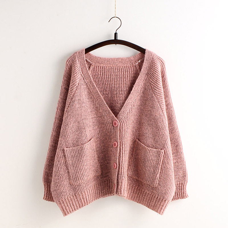 Pink Long Sleeve Knitted V Neck Button Down Cardigan Sweater With Big Pockets