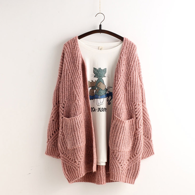Pocket Loose Knit Cable Hollow Solid Color Sweater
