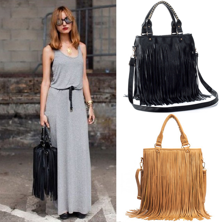 European Style Lady Girl Women Synthetic Leather Tassel Bag Fashionable Shoulder Bag Handbag
