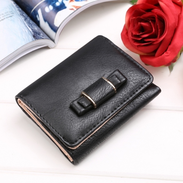 Women Synthetic Leather Short Wallet Sweet Bow Bifold Button Casual Purse