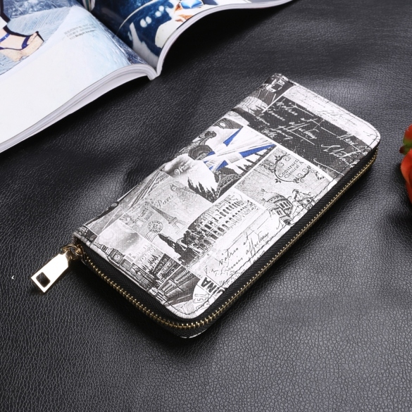 Women Synthetic Leather Casual Vintage Style Print Zipper Long Wallet Purse