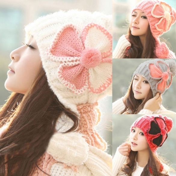 Stylish Women's Knit Winter Warm Cap Hat Ski Slouch Flower Pattern（ha22102601）