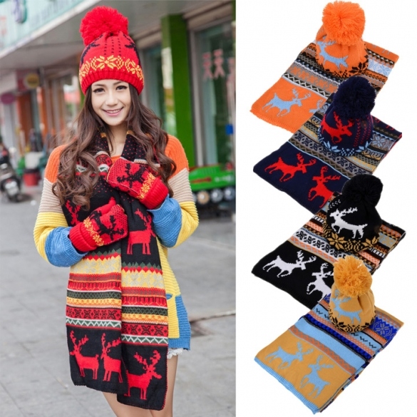 Stylish Women's Ladies Sweet Deer Pattern Winter Warm Thickening Knitted Long Scarf Shawl + Ski Hat Set
