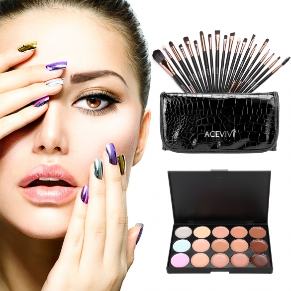 Acevivi 15 Colors Makeup Face Cream Concealer Palette + 20 Pcs Powder Brushes + Carrying Bag