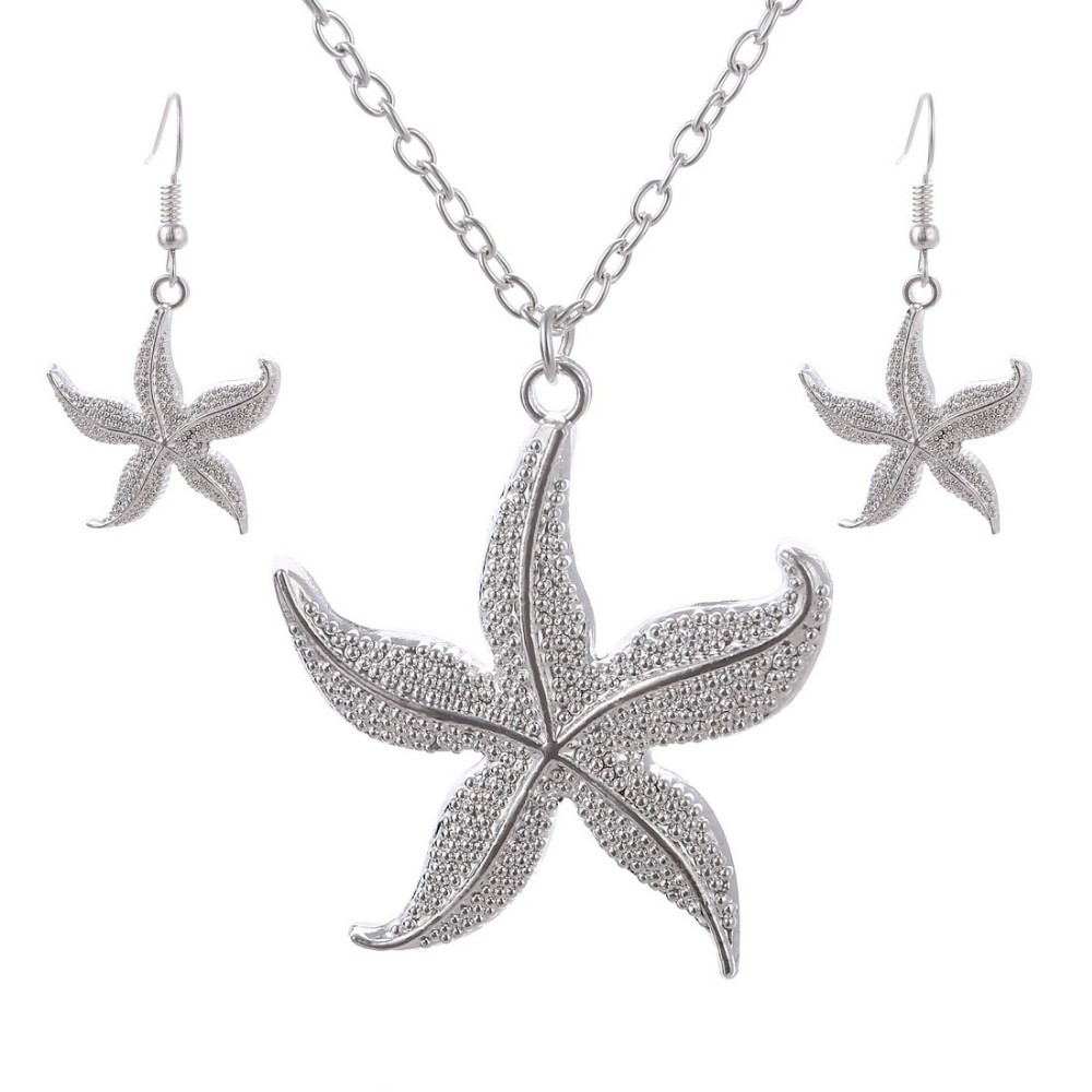 European Fashion Personality Female Necklace And Earrings Silver Starfish Package