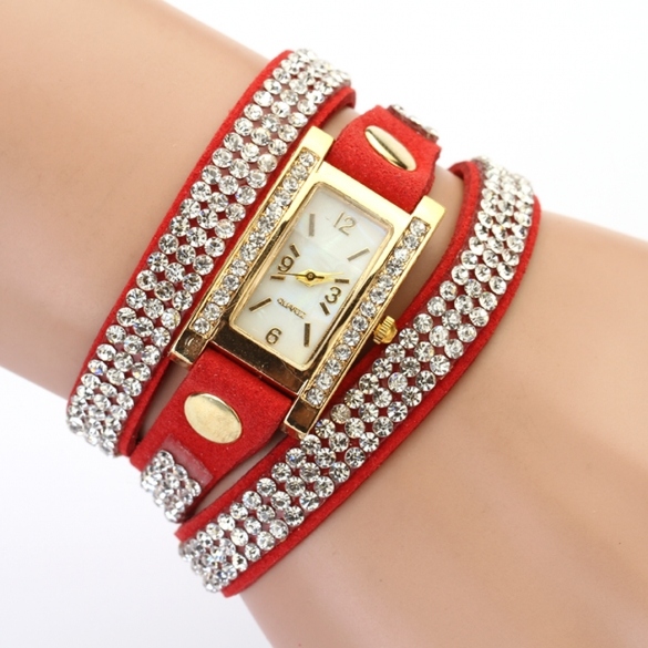 Women's Vintage Square Dial Rhinestone Weave Wrap Multilayer Leather Bracelet Wrist Watch Watches