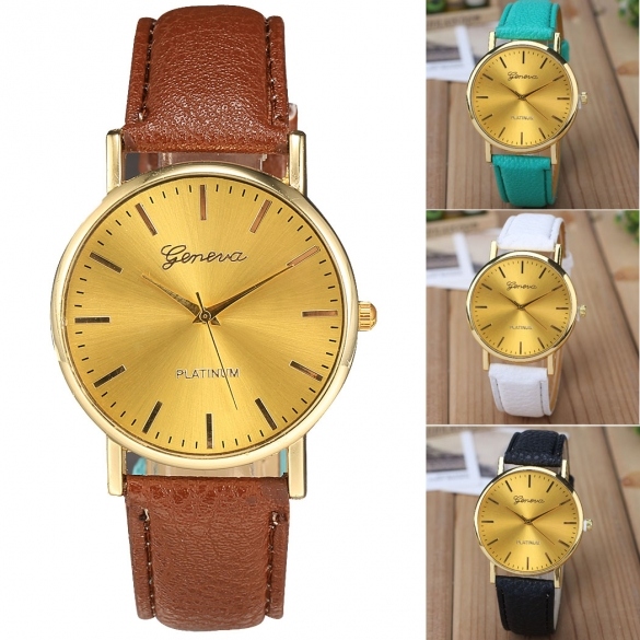 Fashion Women Gold Case Wristwatch Synthetic Leather Band Quartz Analog Casual Wrist Watch