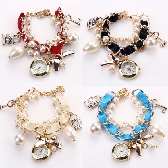 Fashion Women's Beads Strap Hanging Chain Watch Wristwatch