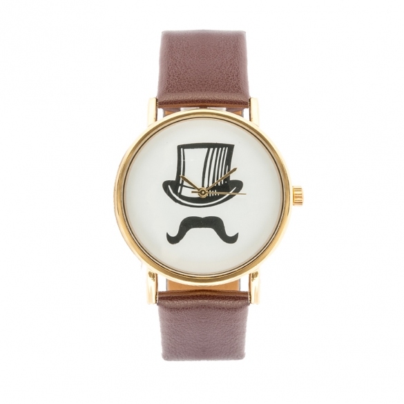 Mustache Hat Print Watch With Leather Band
