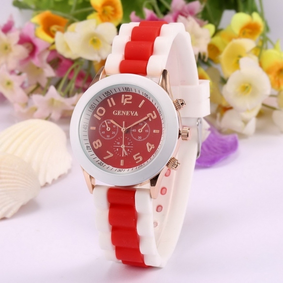 Fashion Women Silicone Strap Contrast Color Quartz Wrist Watch