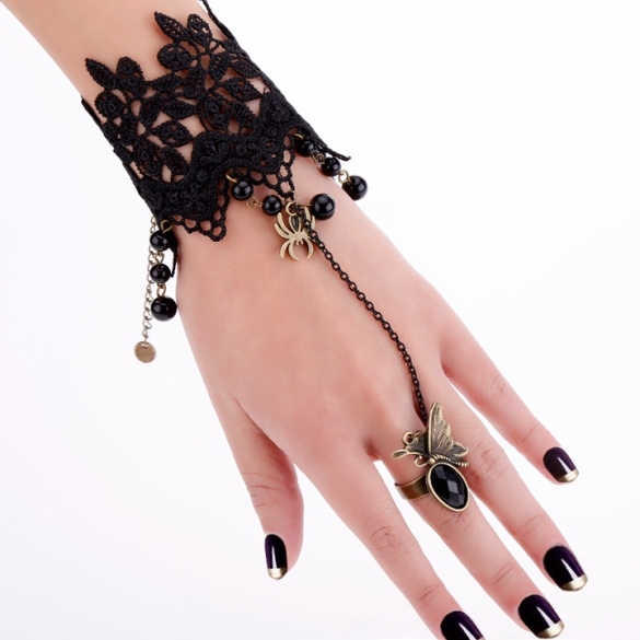 Fashion Women Black Lace Flower Bracelets With Ring Butterfly Tassels Beads