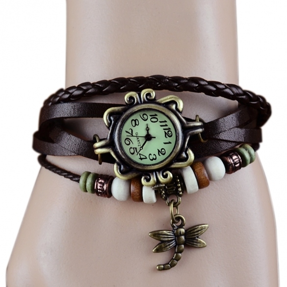 Women's Quartz Dragonfly Weave Wrap Synthetic Leather Bracelet Wrist Watch