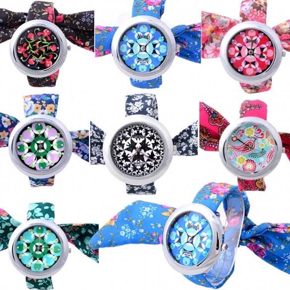 Girl Floral Cloth Fabric Band Lace Up Bracelet Watch Wristwatch Quartz