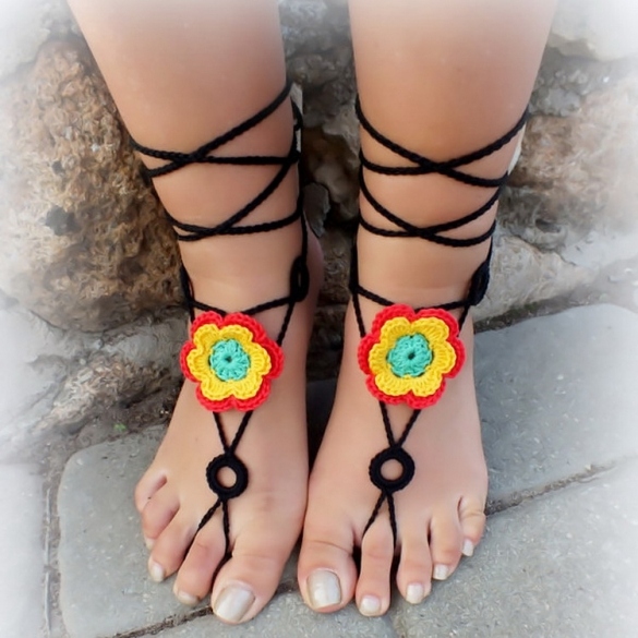 Fashion Women Hand-made Knit Crochet Floral Hollow Out Lace Up Casual Beach Anklets