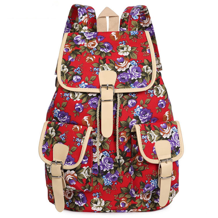 Flower Print Drawstring Flap Buckle Backpack