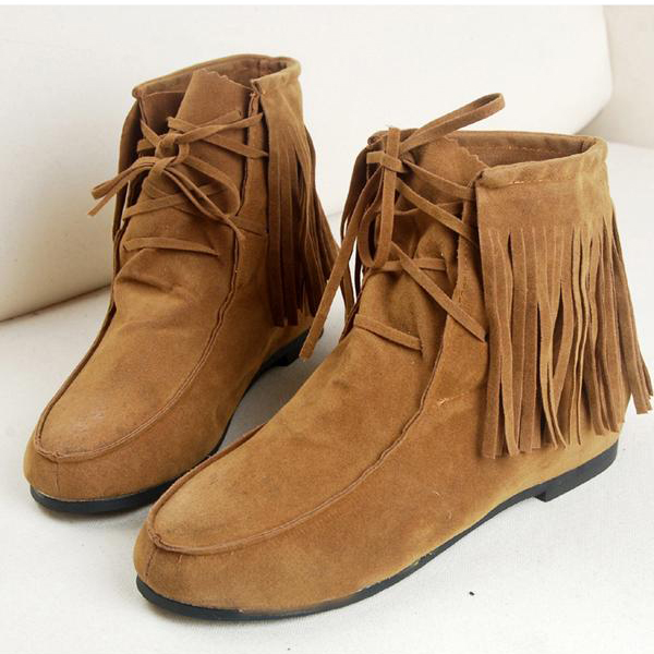 Tassel Lace Up Increased Flat Short Boots