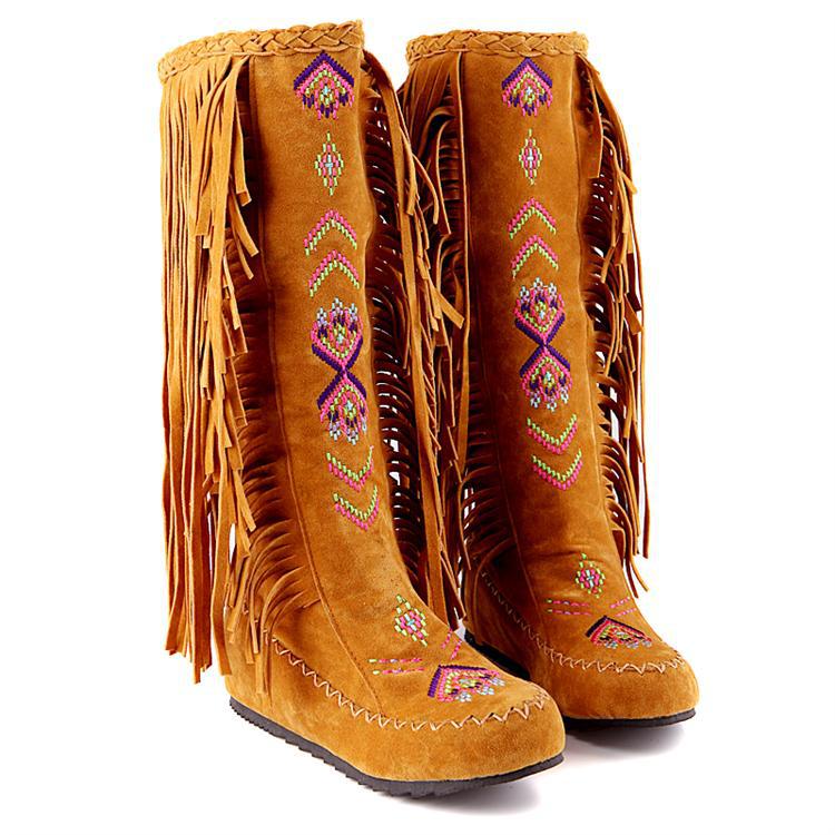 Women Tall Bohemian Suede Boots Featuring Fringes On The Hem And Pattern Embroidery