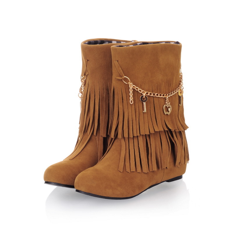 Women Suede Double Tiered Fringe Boots Adorned With Metallic Charms
