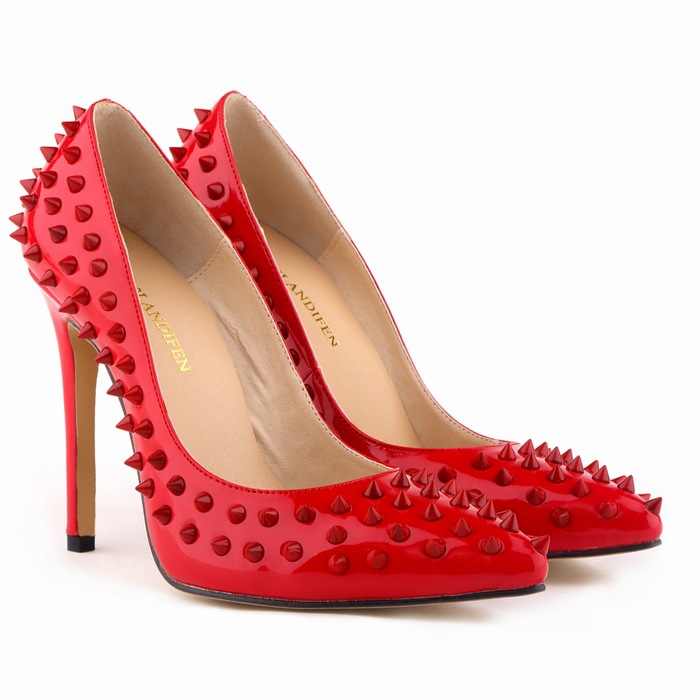 Pointed Toe Patent Leather High Heel Pumps With Spike Studs