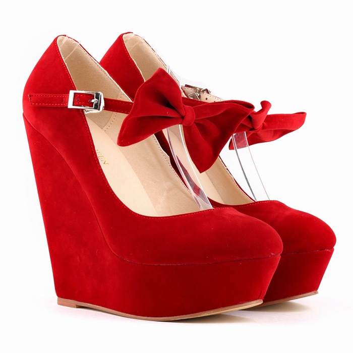 Red Suede Bow Ankle Strap Platforms Wedges Shoes