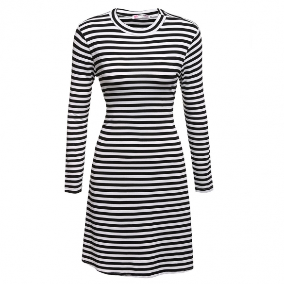 Women Fashion Casual Slim Round Neck Long Sleeve Striped A-line Short Dress