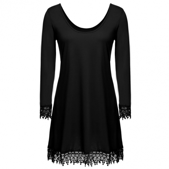 Women Loose Long Sleeve Crochet Lace Fringed Solid Short A-line Dress