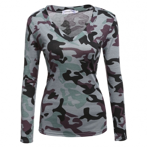 Women Fashion Casual Slim V Neck Long Sleeve Pullover Camouflage T-shirt Tops