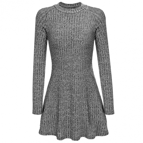 Ribbed Knit Mock Neck Long Sleeves Short Skater Sweater Dress