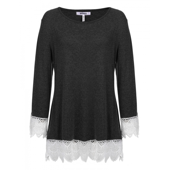 Women's Long Sleeve Lace Trim Tunic Casual Loose Blouse Tops