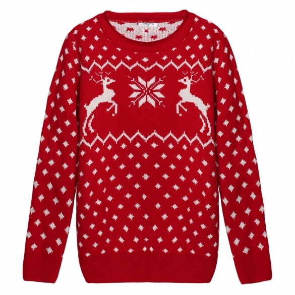 Knitted Long Sleeve Ribbed Christmas Reindeer Sweater - Red / Black