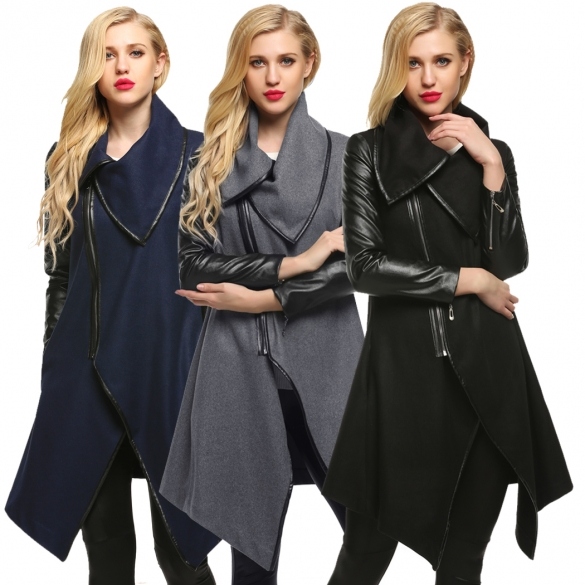 Finejo Women Fashion Lapel Long Sleeve Zip-up Faux Leather Patchwork Irregular Hem Wool Blend Coat Outwear