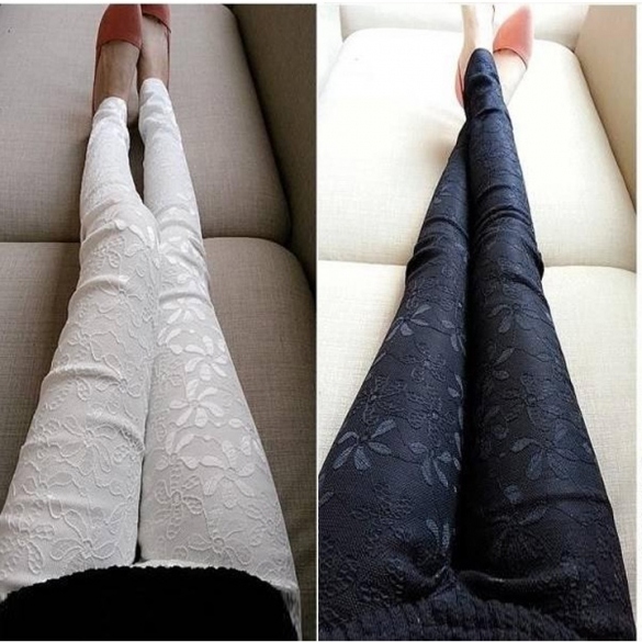 Women Lace Flower Slim Fit Skinny Tight Pants Stretch Leggings 2 Colors