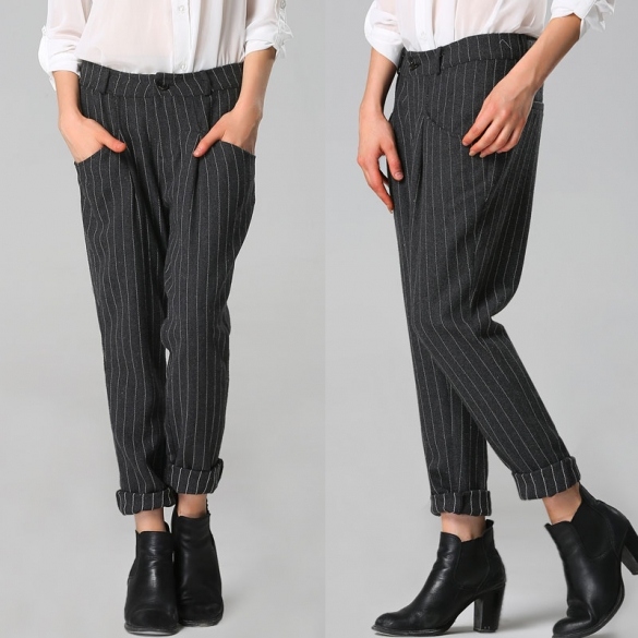 Stylish Lady Women Striped Full Length Pants Slim Casual Ol Trousers Gray
