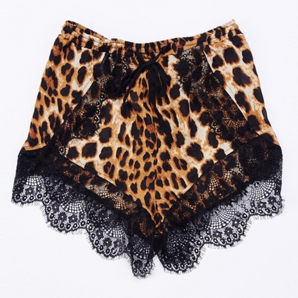 Fashion Ladies Women Casual Elastic High Waist Leopard Lace Decor Club Loose Mini Shorts