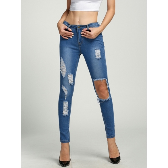 Heavily Distressed And Ripped Knee Hole High Waisted Skinny Jeans