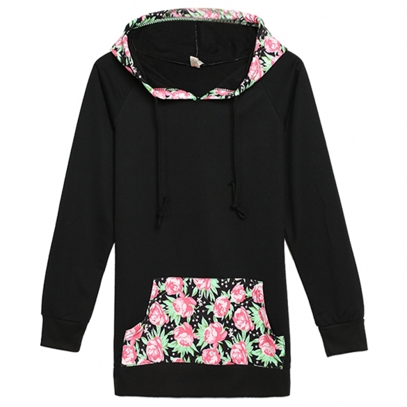 Women Fashion Casual Hooded Raglan Long Sleeve Floral Patchwork Pullover Hoodie