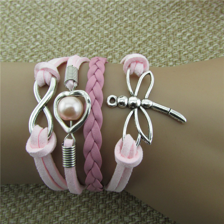 Dragonfly Heart Pearl Leather Cord Bracelet