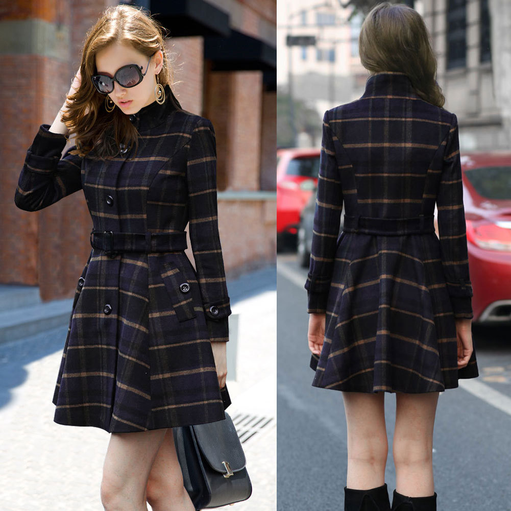 High Neck Long Sleeves Slim Flared Hem Long Plaid Coat With Belt on Luulla