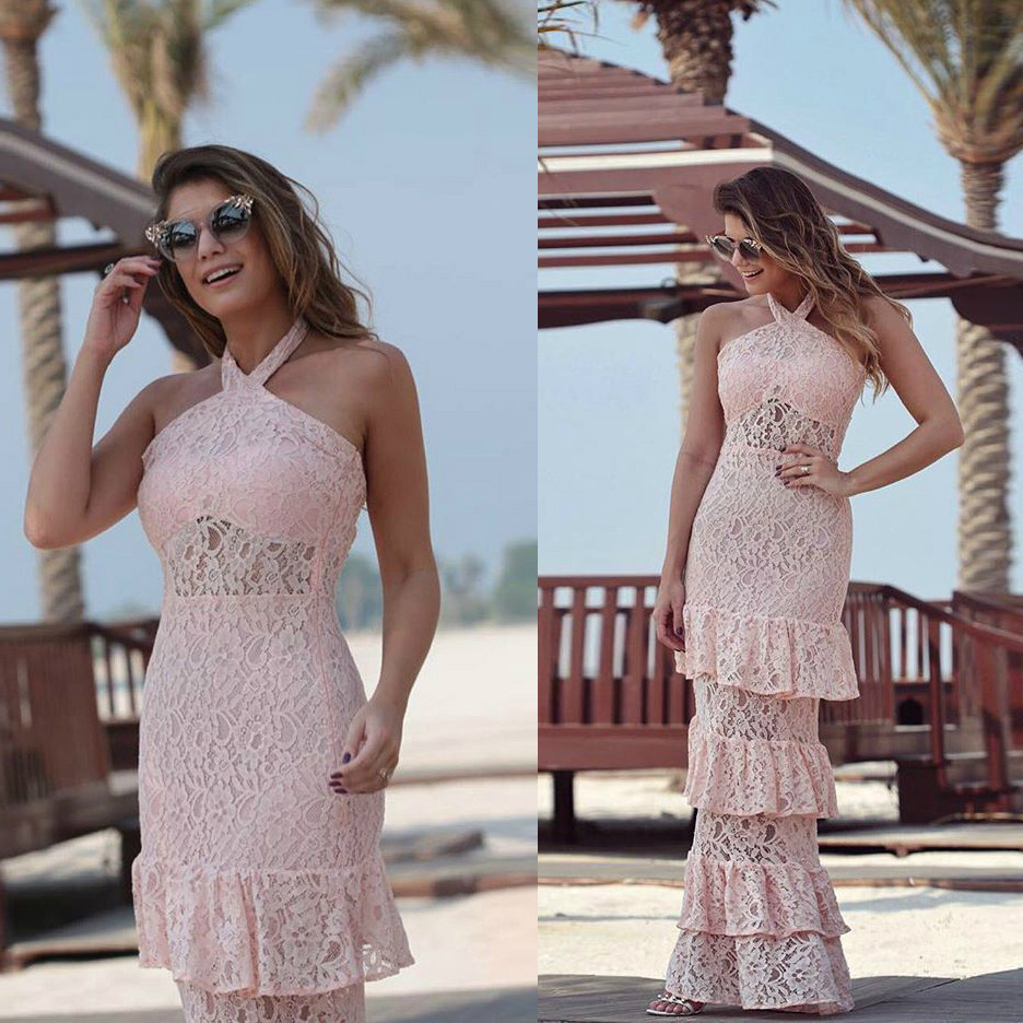 Beautiful Bodycon Pink Hollow Out Flower Halter Dress