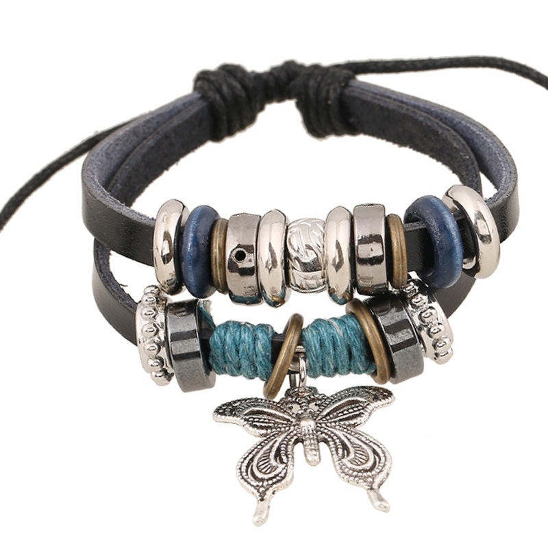 Butterfly Pendant Beaded Leather Bracelet