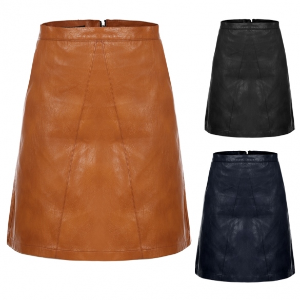 Women High Waisted Synthetic Leather Solid Mini A-line Skirt With Pockets