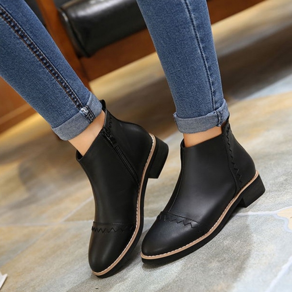 Fashion Winter Women Synthetic Leather Side Zip Ankle Boot Flat Heel Fleece  Lined