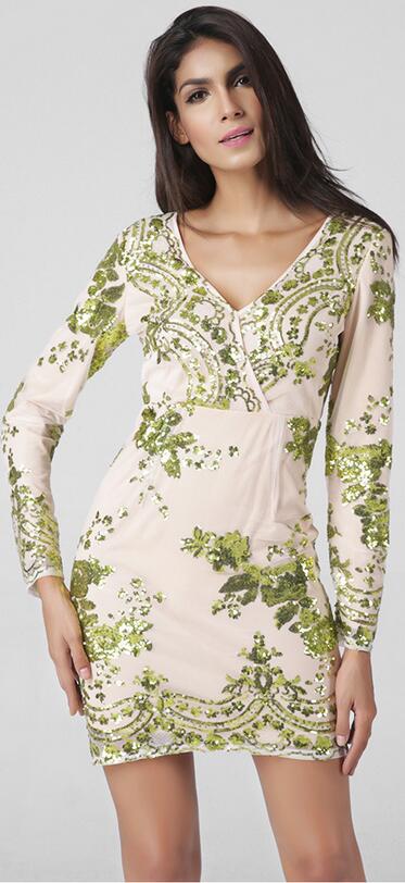 V-neckline Long Sleeve Dress With Green Sequin Embroidery