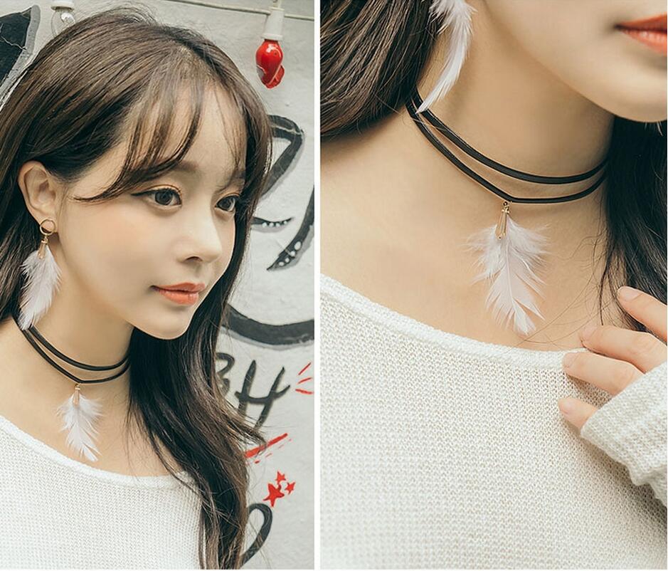 Natural Feather Tassel Earrings Necklace Ring Bohemia Korea Wind Beautiful Metal